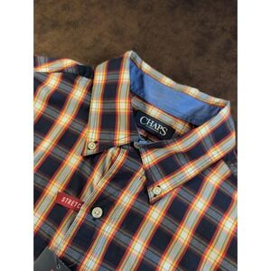 Chaps Mens Large Tall LT Plaid Button Down Shirt Navy Orange Stretch Easy Care